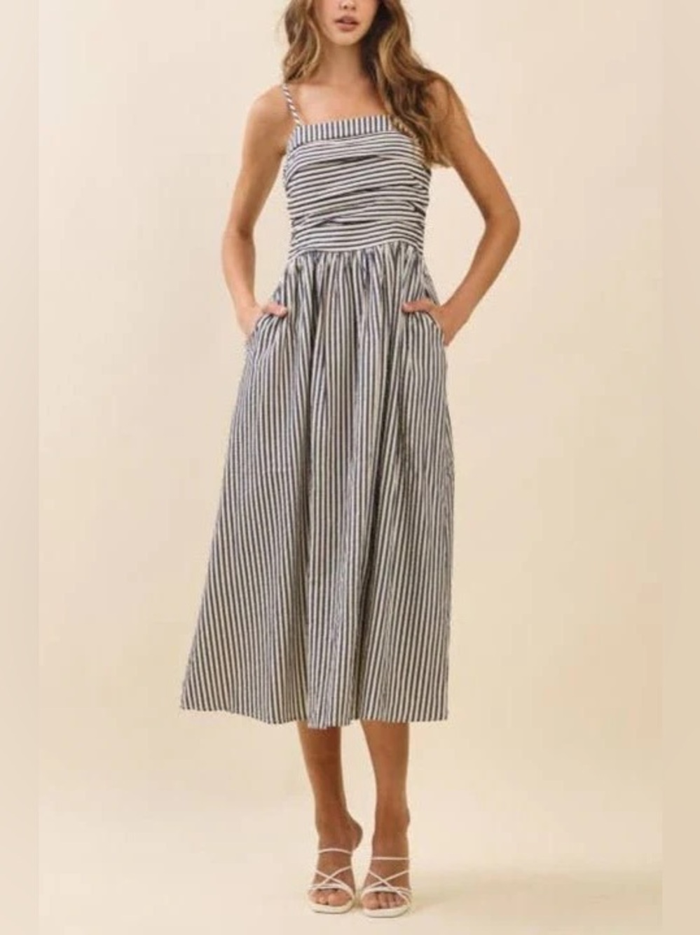 TCEC Black and White Striped Midi Sundress with stretch back